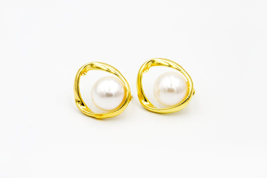 Irregular Geometric with White Faux Pearl Stud Dangle Earrings